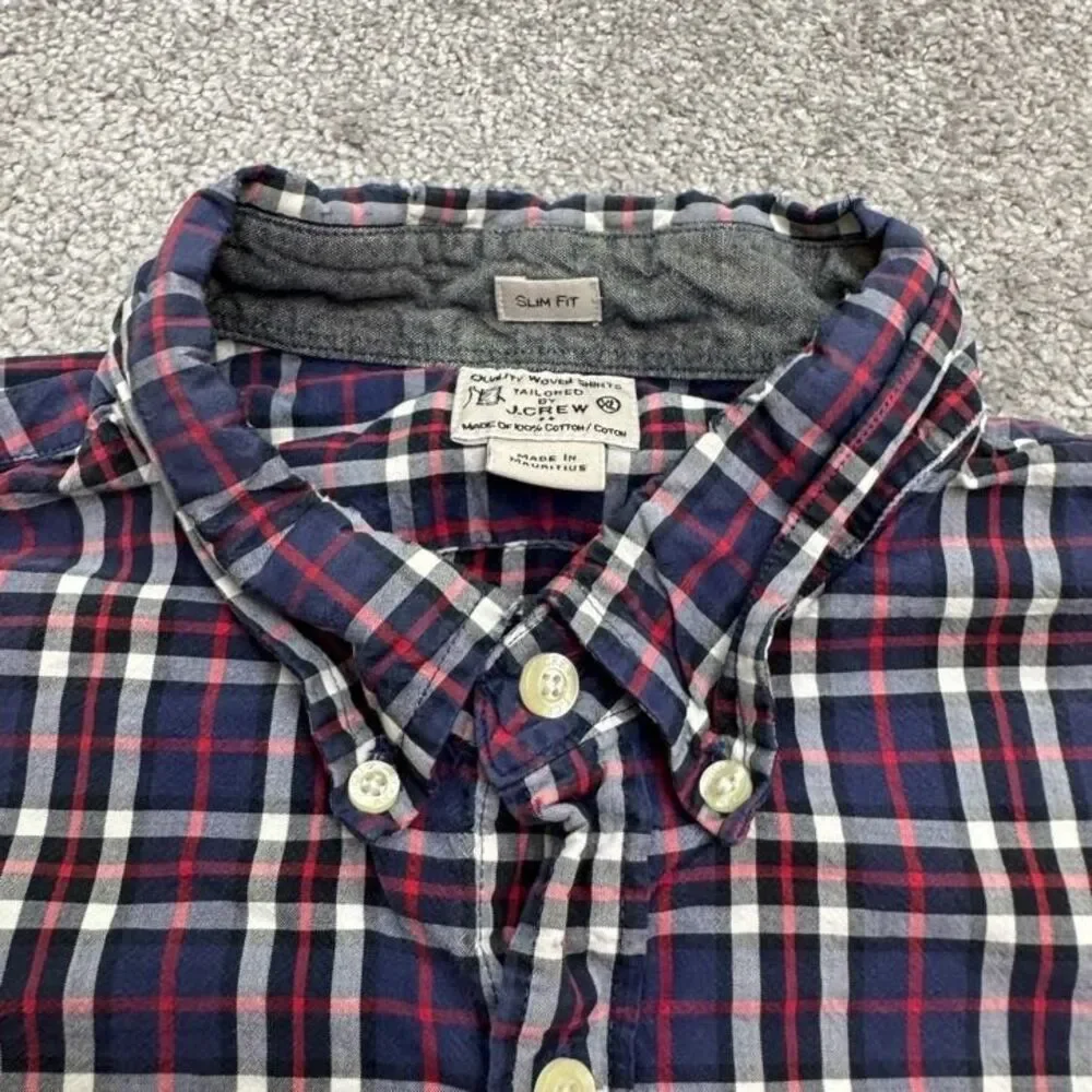J.Crew Slim Fit Button Down Shirt Mens XL Blue Red Gray Plaid Cotton Casual Top